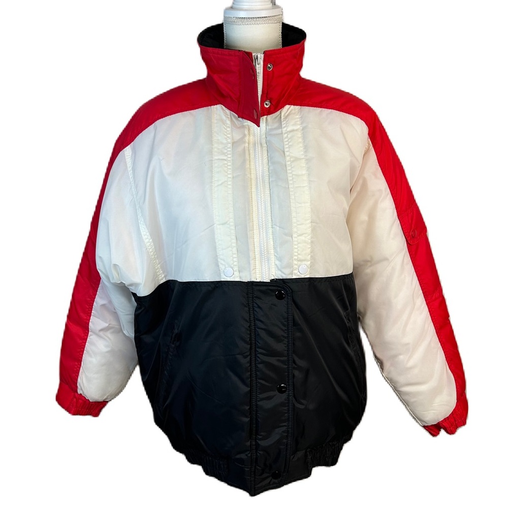 Retro 80s Womens Colorblock Ski Snow Jacket Sz‎ L Zip Nylon Black Red Cabincore